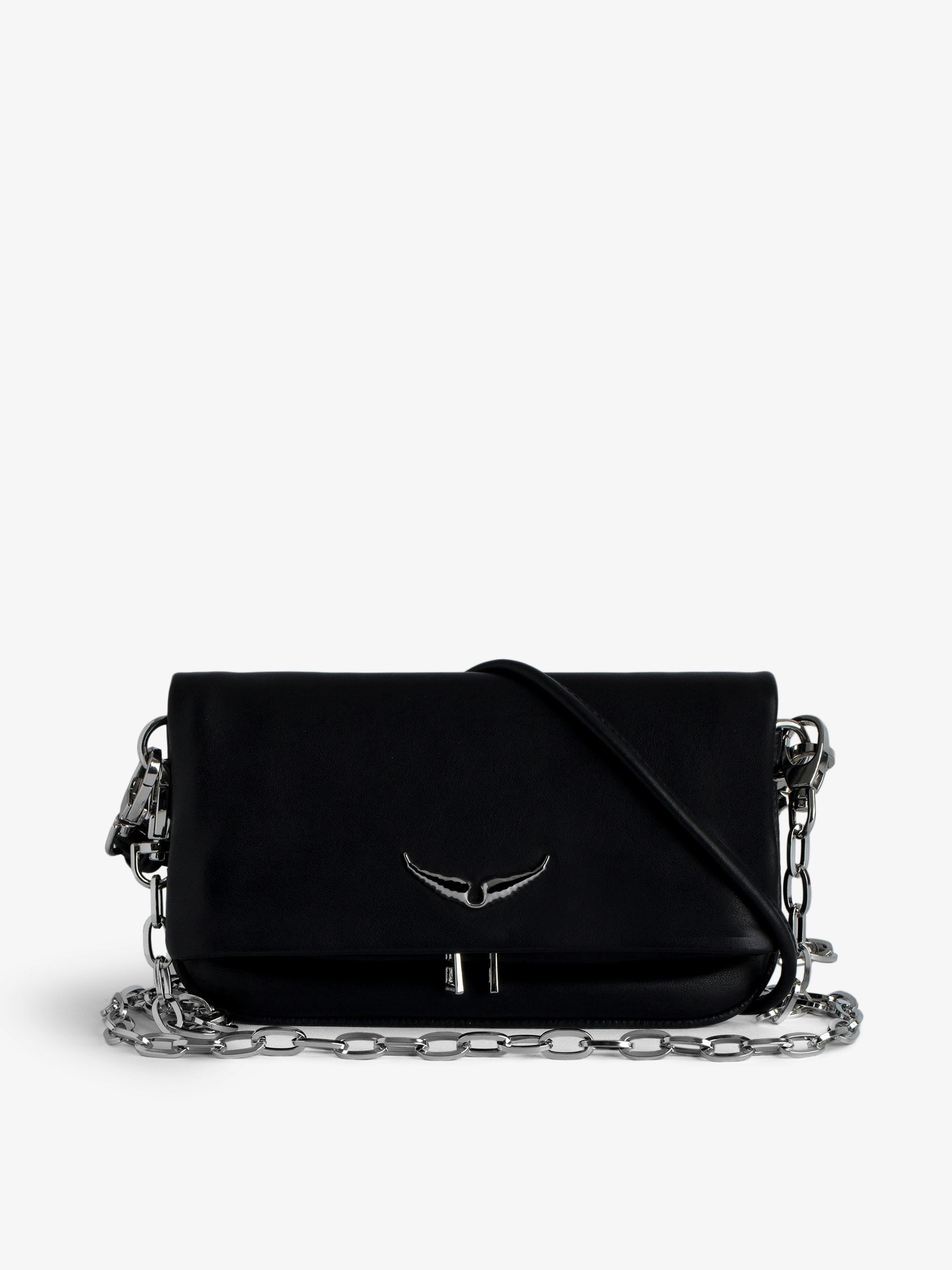 Rock Nano Eternal Clutch - Small black smooth leather clutch with tied handle and chain.