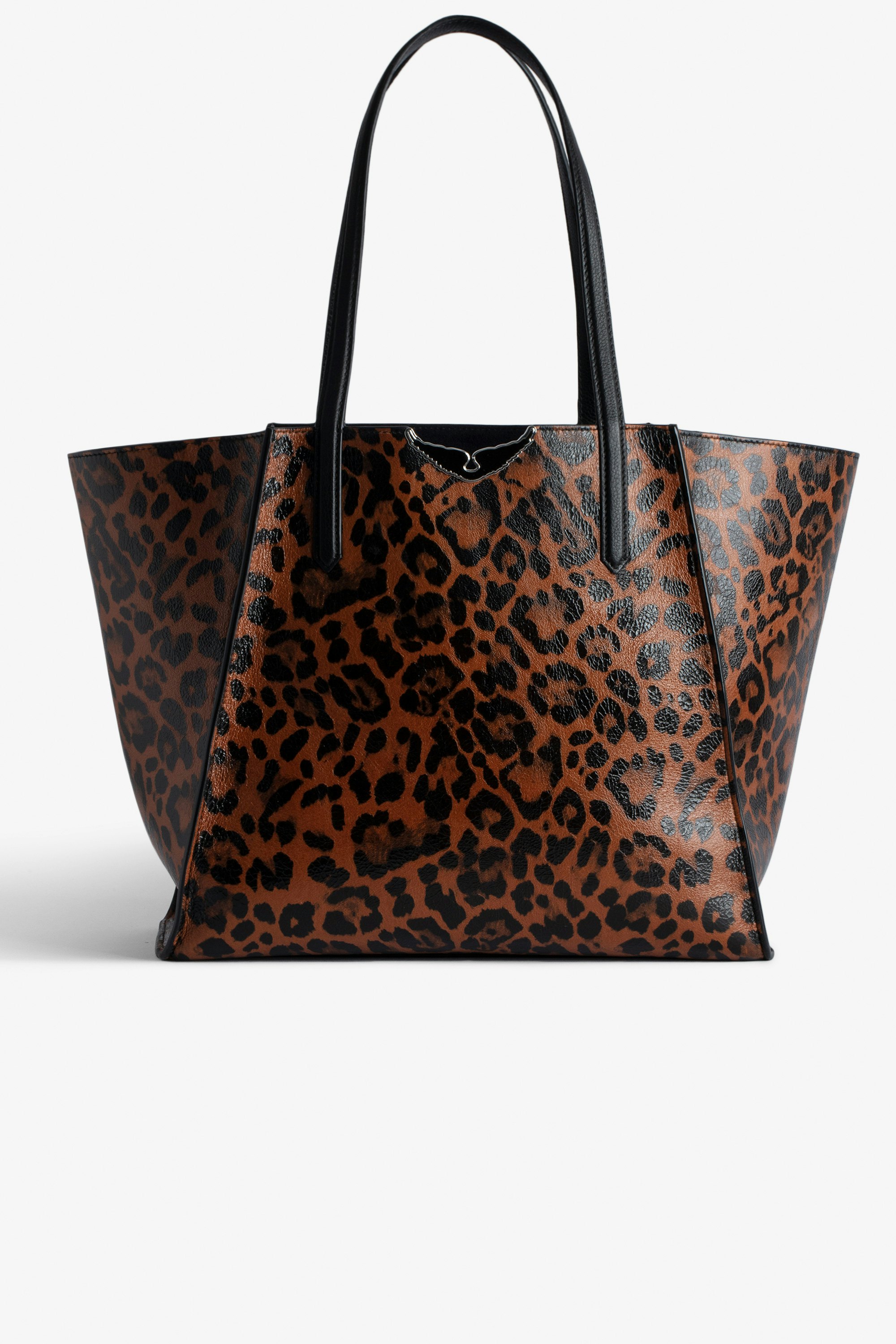 Bolso Le Borderline Leopardo - Bolso tote reversible marrón de piel brillante con estampado de leopardo con asa metálica y alas para mujer.