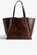 Le Borderline Leopard Bag - Women’s reversible tote bag in brown leopard-print patent leather with handle and metal wings.