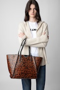 Le Borderline Leopard Bag - Women’s reversible tote bag in brown leopard-print patent leather with handle and metal wings.
