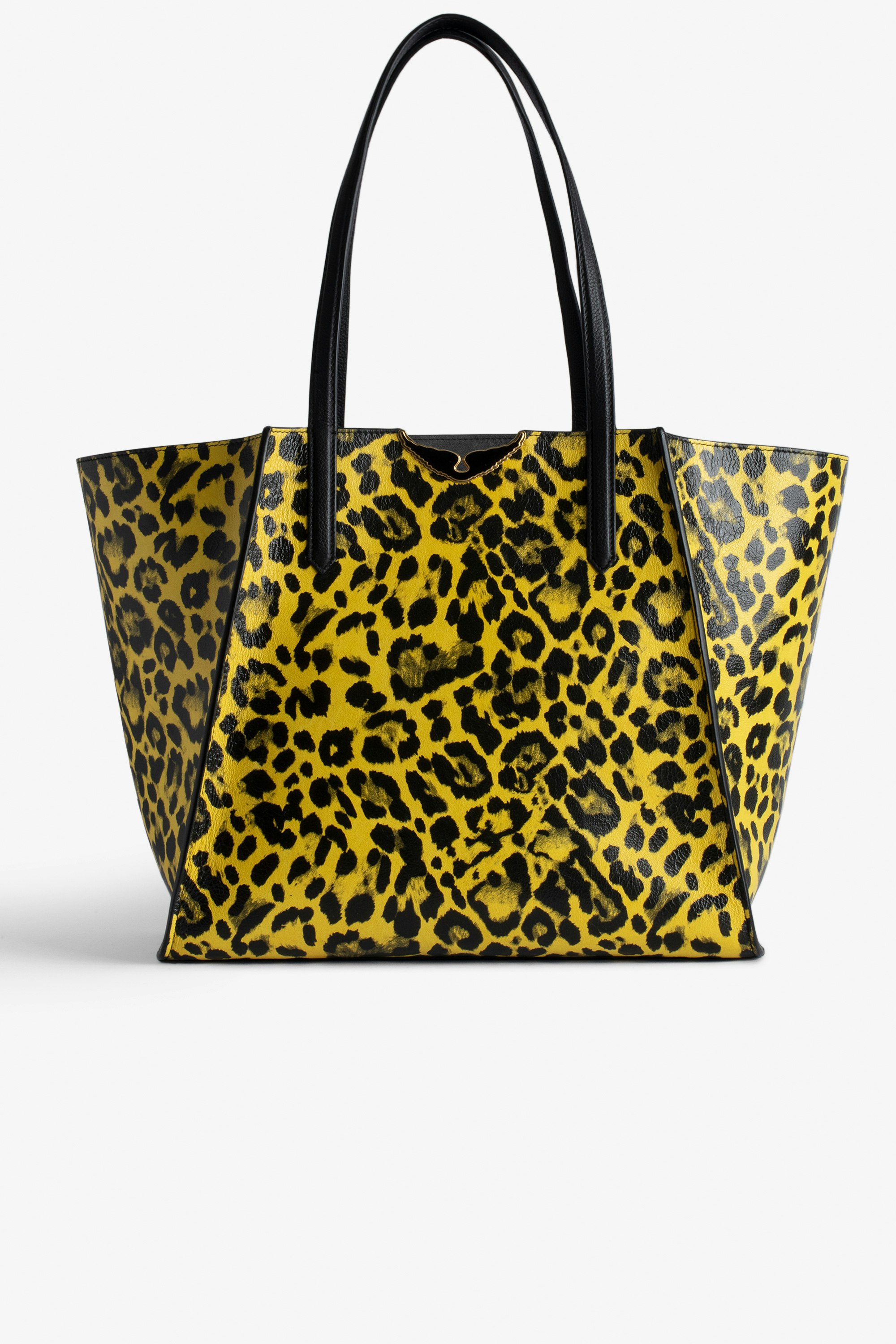Le Borderline Leopard Bag Women’s reversible tote bag in yellow leopard-print patent leather with handle and metal wings.