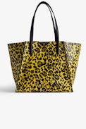 Le Borderline Leopard Bag - Women’s reversible tote bag in yellow leopard-print patent leather with handle and metal wings.