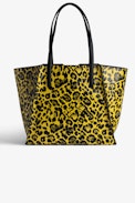 Le Borderline Leopard Bag - Women’s reversible tote bag in yellow leopard-print patent leather with handle and metal wings.