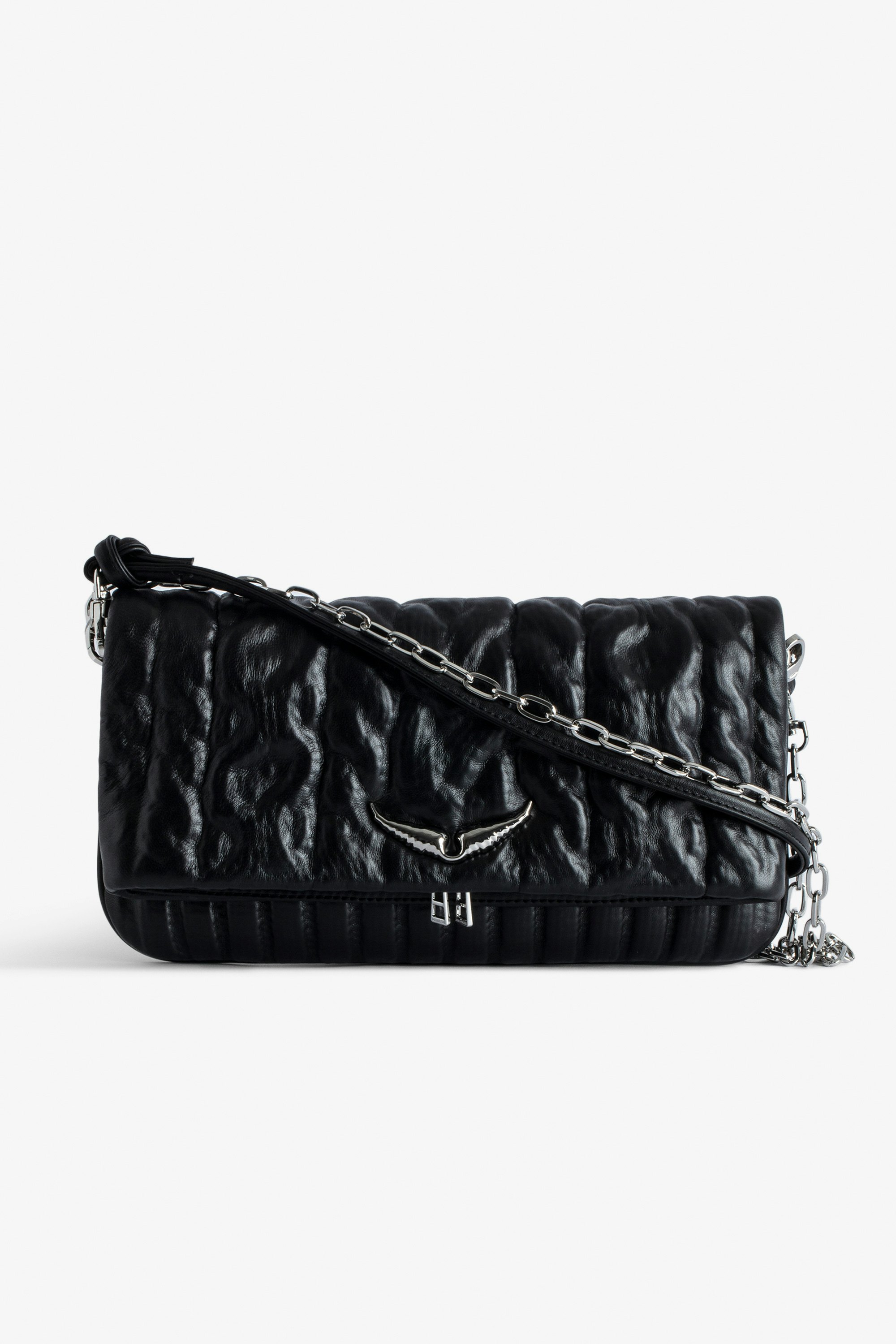 Rock Eternal Knit Shadow Clutch - Women’s black knit-effect leather clutch with tied shoulder strap, chain and wings.