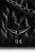 Rock Eternal Knit Shadow Clutch - Women’s black knit-effect leather clutch with tied shoulder strap, chain and wings.
