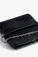 Rock Eternal Knit Shadow Clutch - Women’s black knit-effect leather clutch with tied shoulder strap, chain and wings.