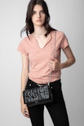Rock Eternal Knit Shadow Clutch - Women’s black knit-effect leather clutch with tied shoulder strap, chain and wings.
