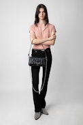 Rock Eternal Knit Shadow Clutch - Women’s black knit-effect leather clutch with tied shoulder strap, chain and wings.