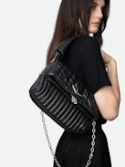 Rocky Eternal Knit Shadow Bag - Women’s black knit-effect leather bag with tied shoulder strap, chain and wings charm.