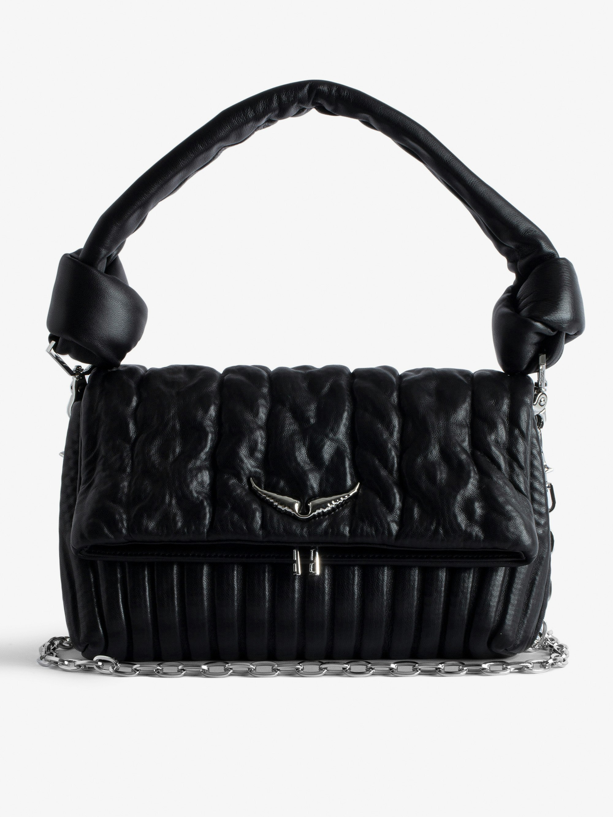 Rocky Eternal Knit Shadow Bag - Women’s black knit-effect leather bag with tied shoulder strap, chain and wings charm.