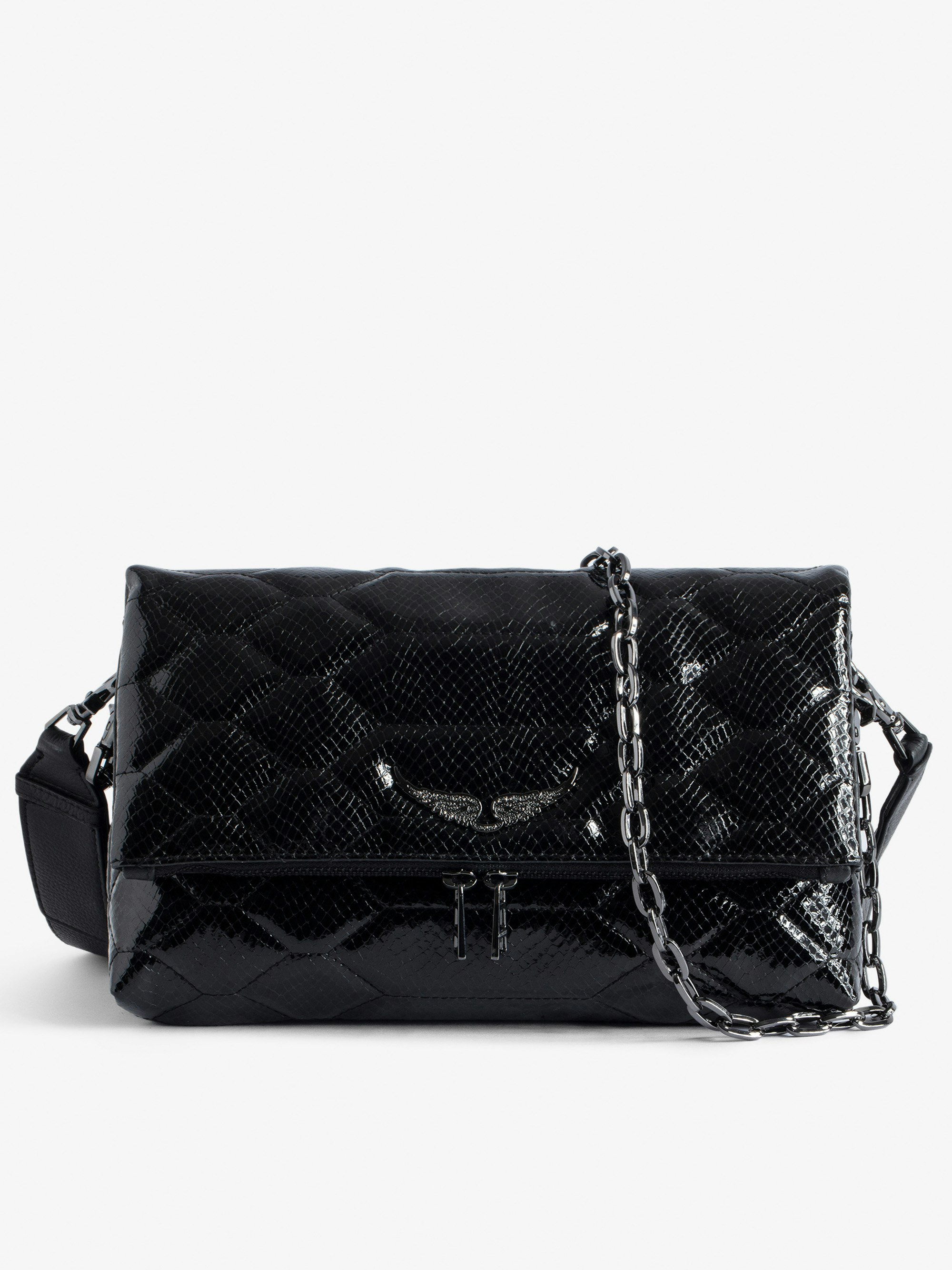 Rocky Quilted Bag - Women’s black quilted python-effect patent leather bag with shoulder strap and chain.