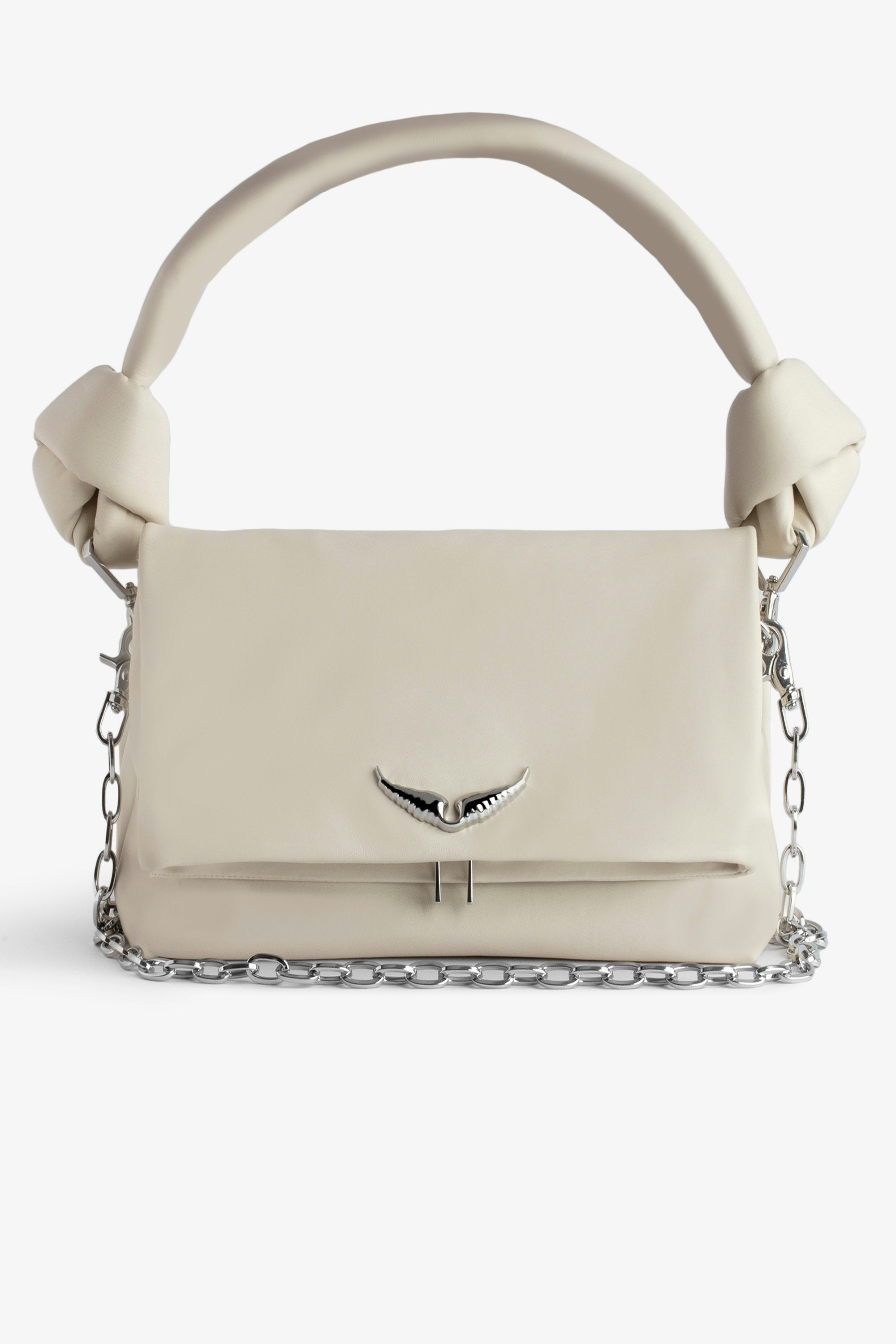 Rocky Eternal Bag - Ecru smooth leather clutch with double leather and chain shoulder strap.