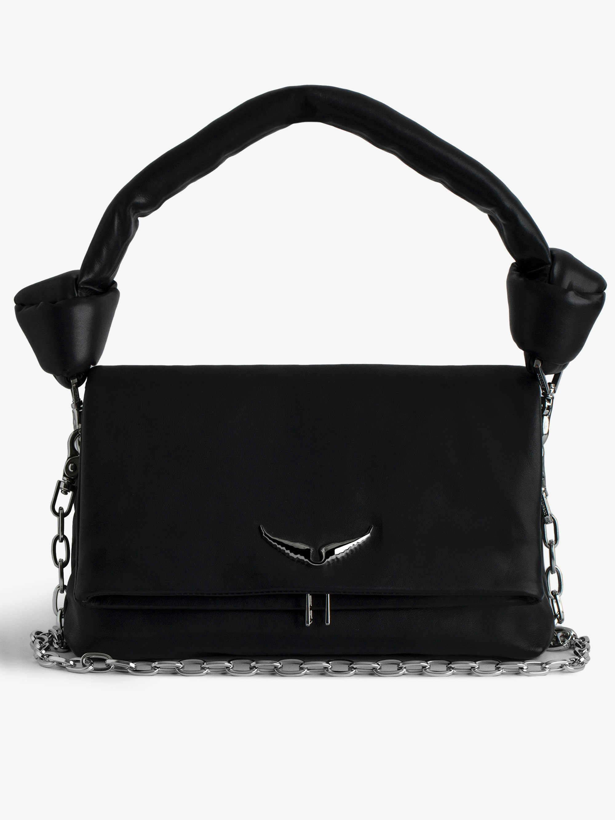 Tasche Rocky Eternal - Schwarze Handtasche aus Glattleder mit geknotetem Henkel und Umhängekette.