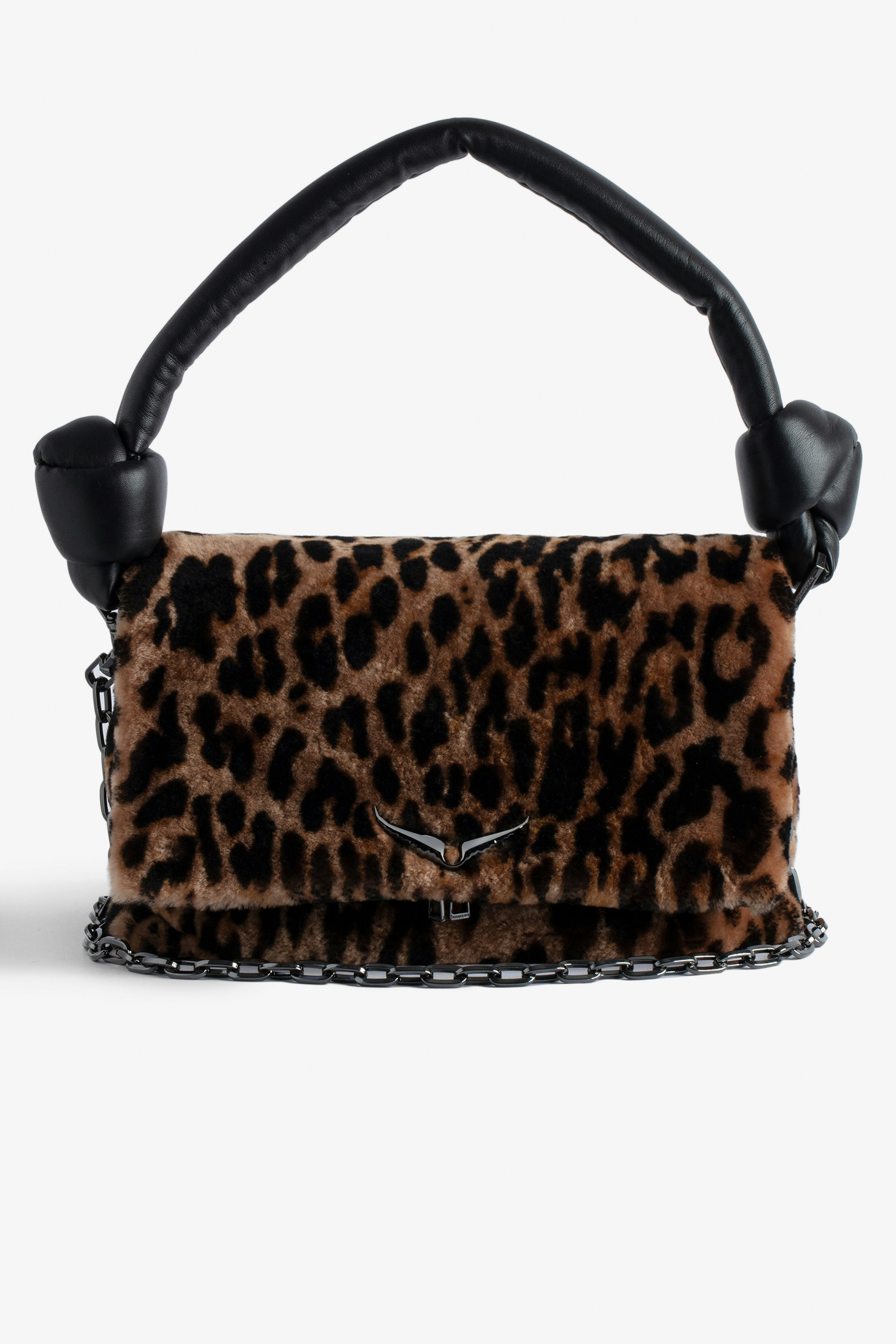 Tasche Rocky Eternal Leopard Braune Shearling-Ledertasche mit Leoparden-Print, geknotetem Schulterriemen, Kette und Flügel-Charm für Damen.