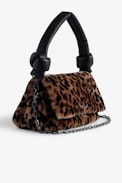 Borsa Rocky Eternal Leopardata - Borsa in pelle marrone shearling stampa leopardata con tracolla annodata, catena e charm ali da donna.