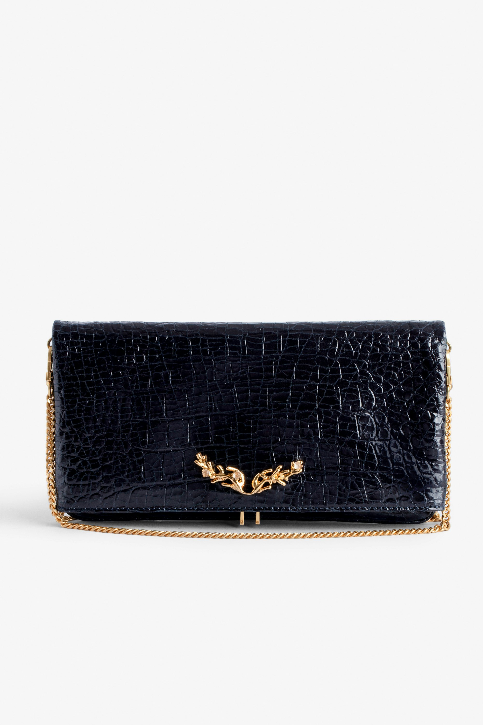 Rock Embossed Clutch - Rock navy blue croc-embossed leather clutch with Goossens gold-tone metal chain.