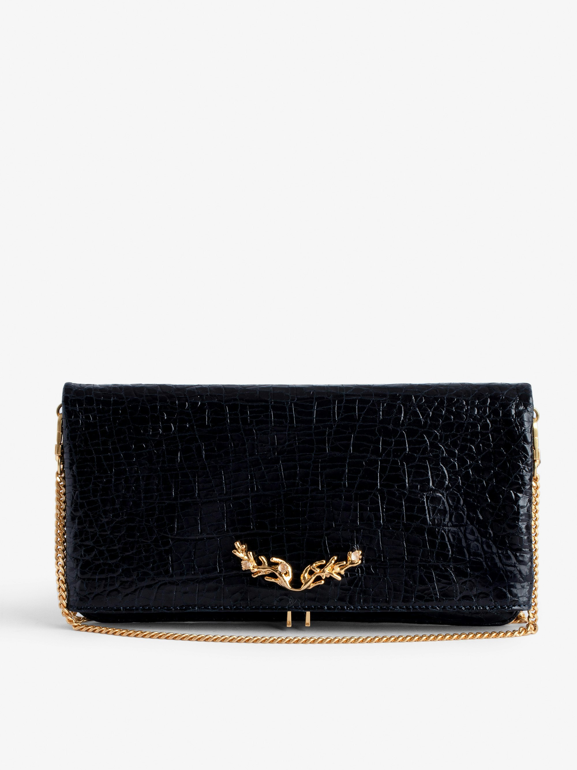 Rock Embossed Clutch - Rock navy blue croc-embossed leather clutch with Goossens gold-tone metal chain.
