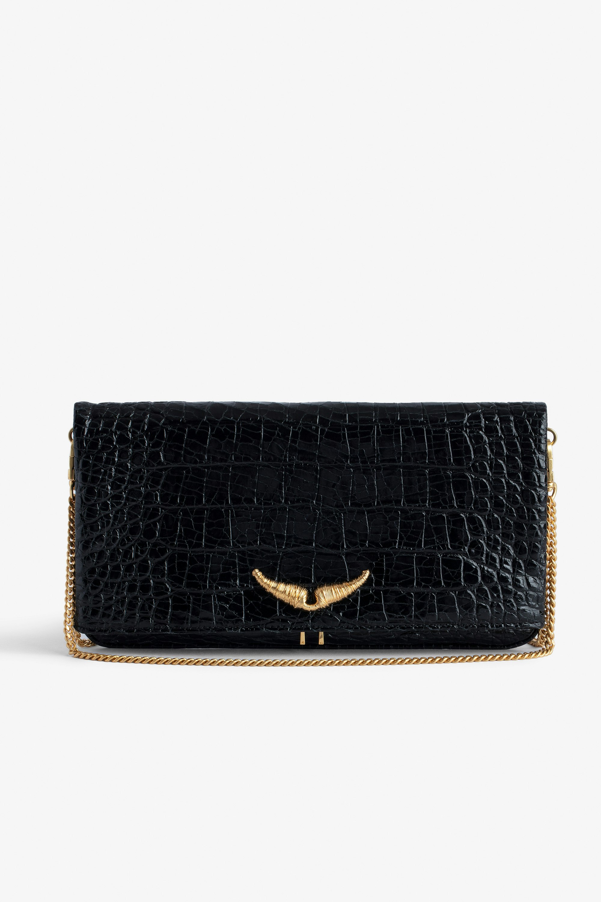 Rock Embossed Clutch - Rock black croc-embossed leather clutch with gold-tone metal chain.