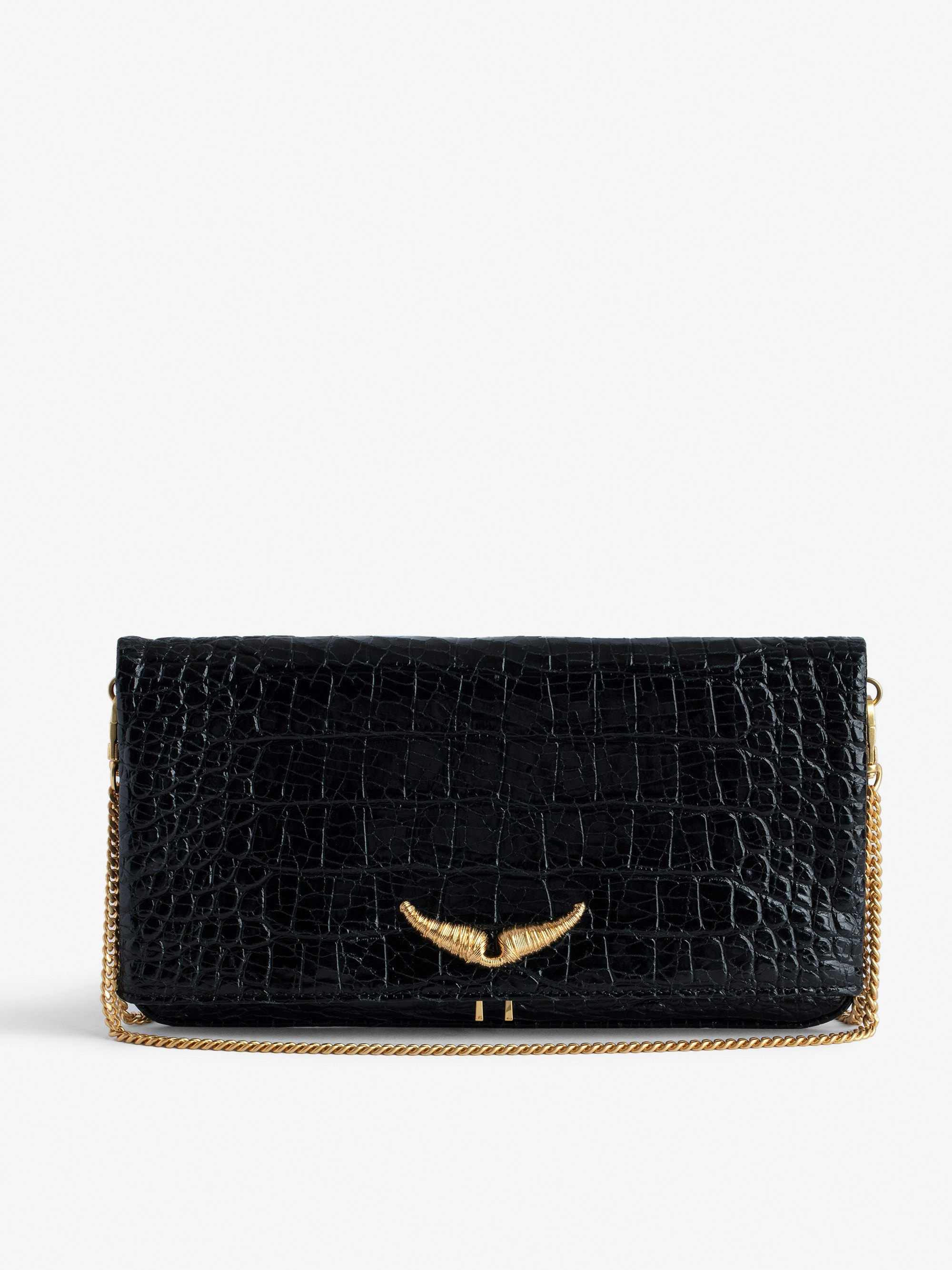  Goossens Rock Embossed Clutch - Rock black croc-embossed leather clutch with gold-tone metal chain.