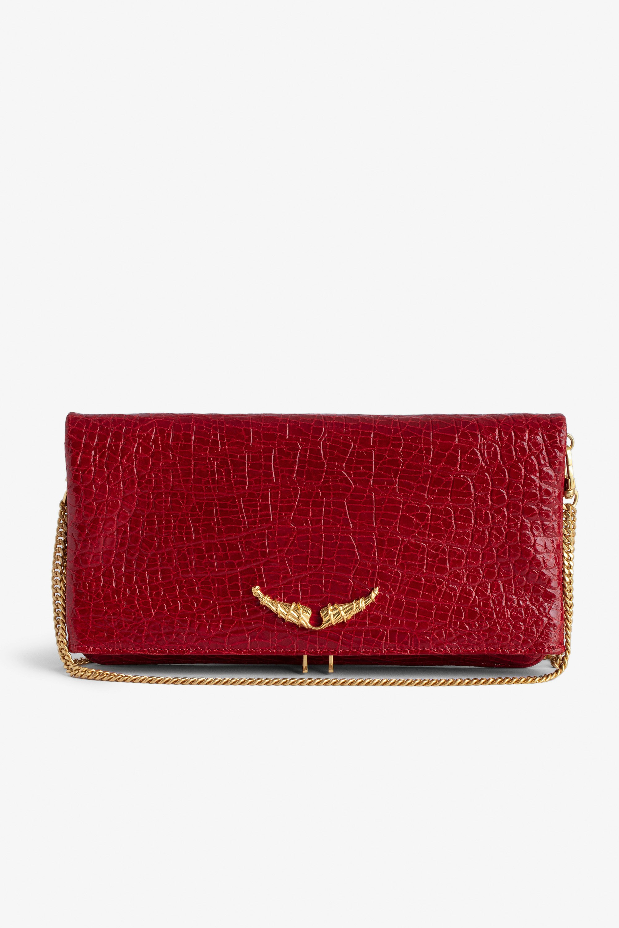 Rock Embossed Clutch - Rock red croc-embossed leather clutch with gold-tone metal chain.