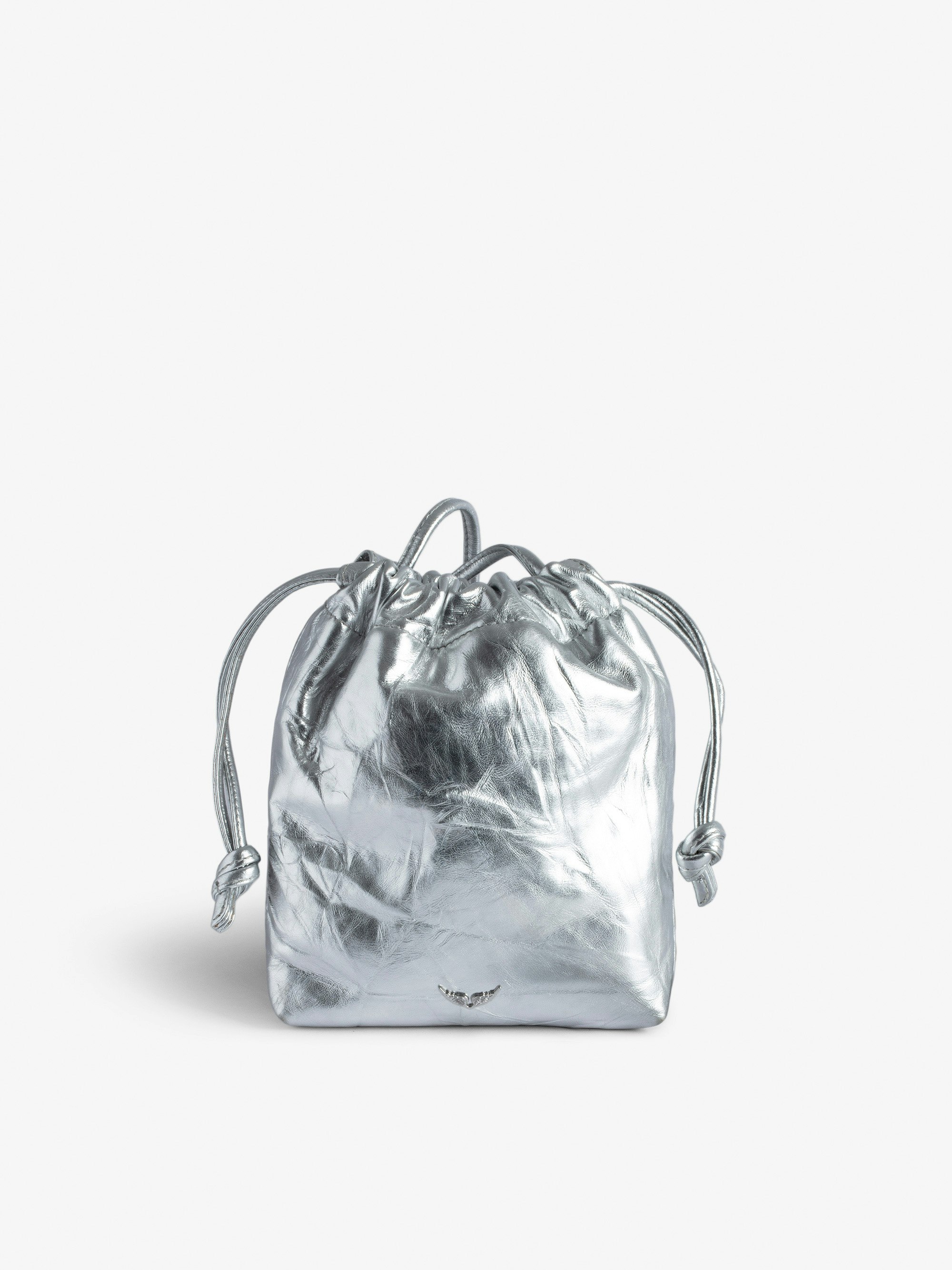 Rock To Go Metallic Bag - Women’s small bucket bag in metallic silver leather with drawstring and shoulder strap.