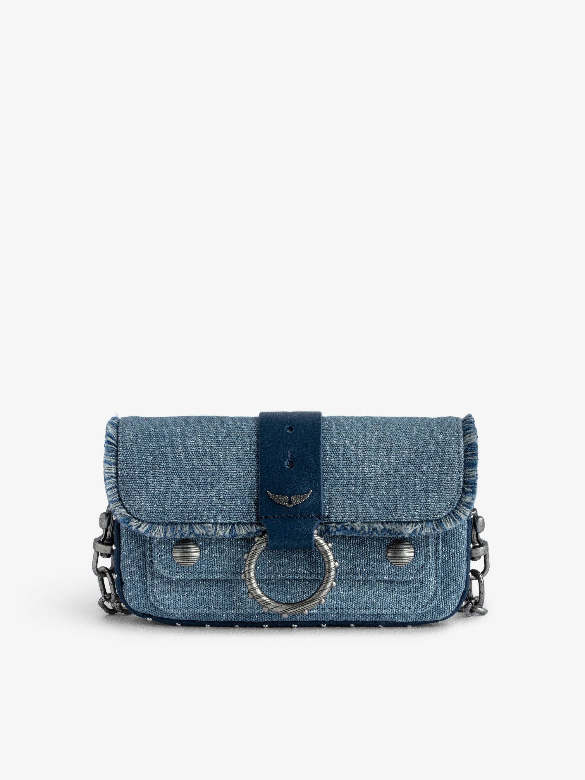 Tasche Kate Wallet Denim - Designed by Kate Moss for Zadig&Voltaire.  Mini-Handtasche aus Glitter-Denim mit Metallkette, Lederschlaufe und Fransen.