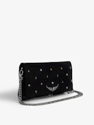 Pochette Rock Lucky Charms - Pochette en cuir lisse noir à double chaînes en métal ornée de lucky charms.