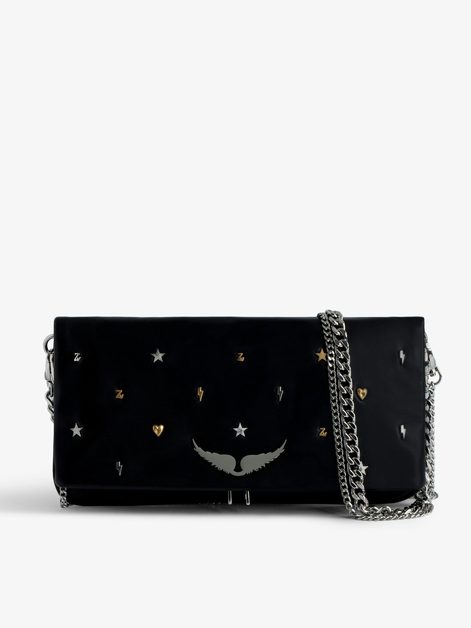 Rock Lucky Charms Clutch - Women’s black smooth leather clutch with double metal chains decorated with lucky charms.