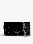 Pochette Rock Lucky Charms - Pochette en cuir lisse noir à double chaînes en métal ornée de lucky charms.