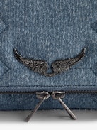 Rock Glitter Quilted Denim Clutch - Rock blue glitter quilted denim clutch with double leather and metal chain strap.