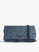 Rock Glitter Quilted Denim Clutch - Rock blue glitter quilted denim clutch with double leather and metal chain strap.