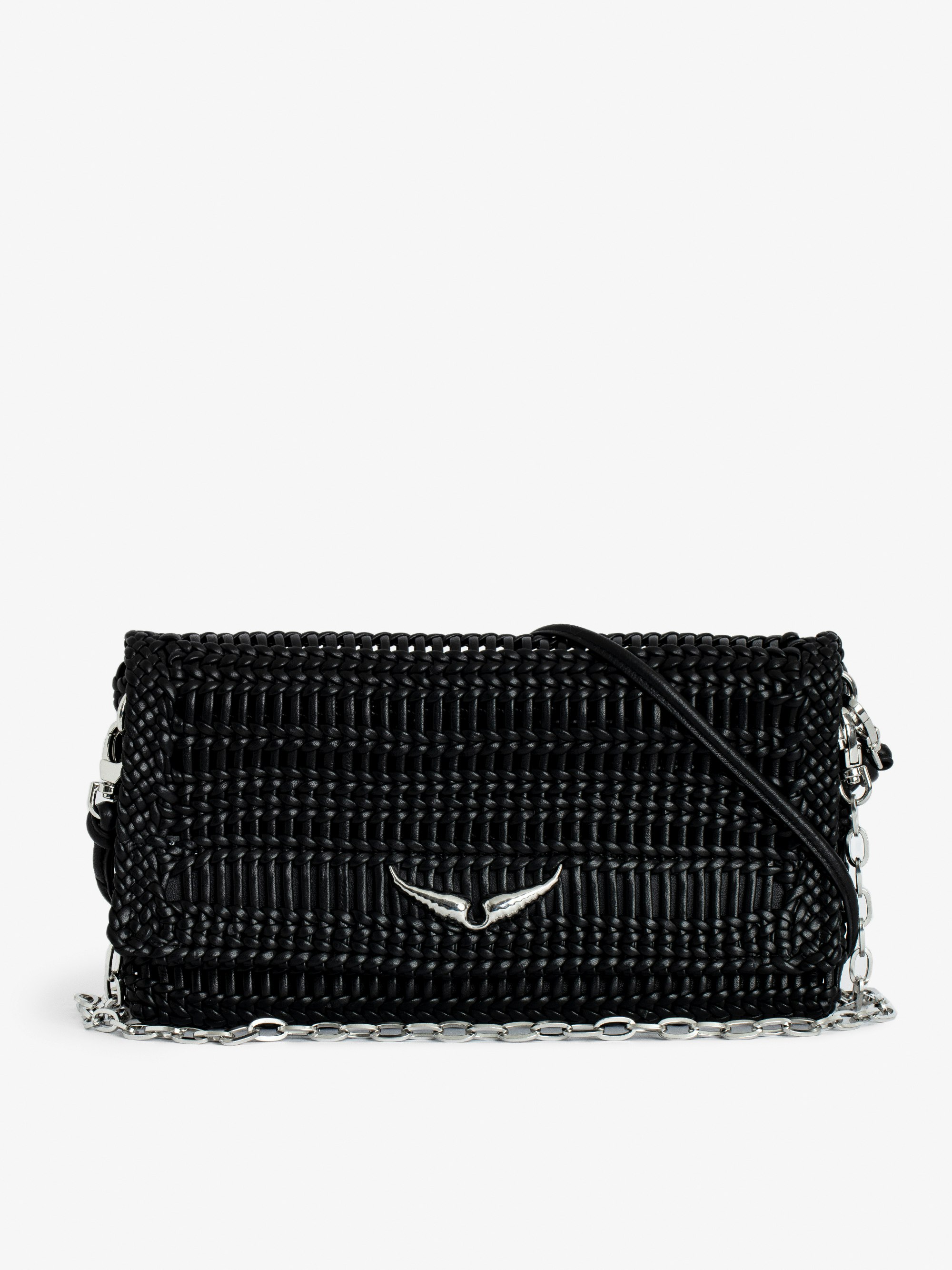 Rock Eternal Clutch - Women’s black braided leather clutch with tied shoulder strap, chain and wings.