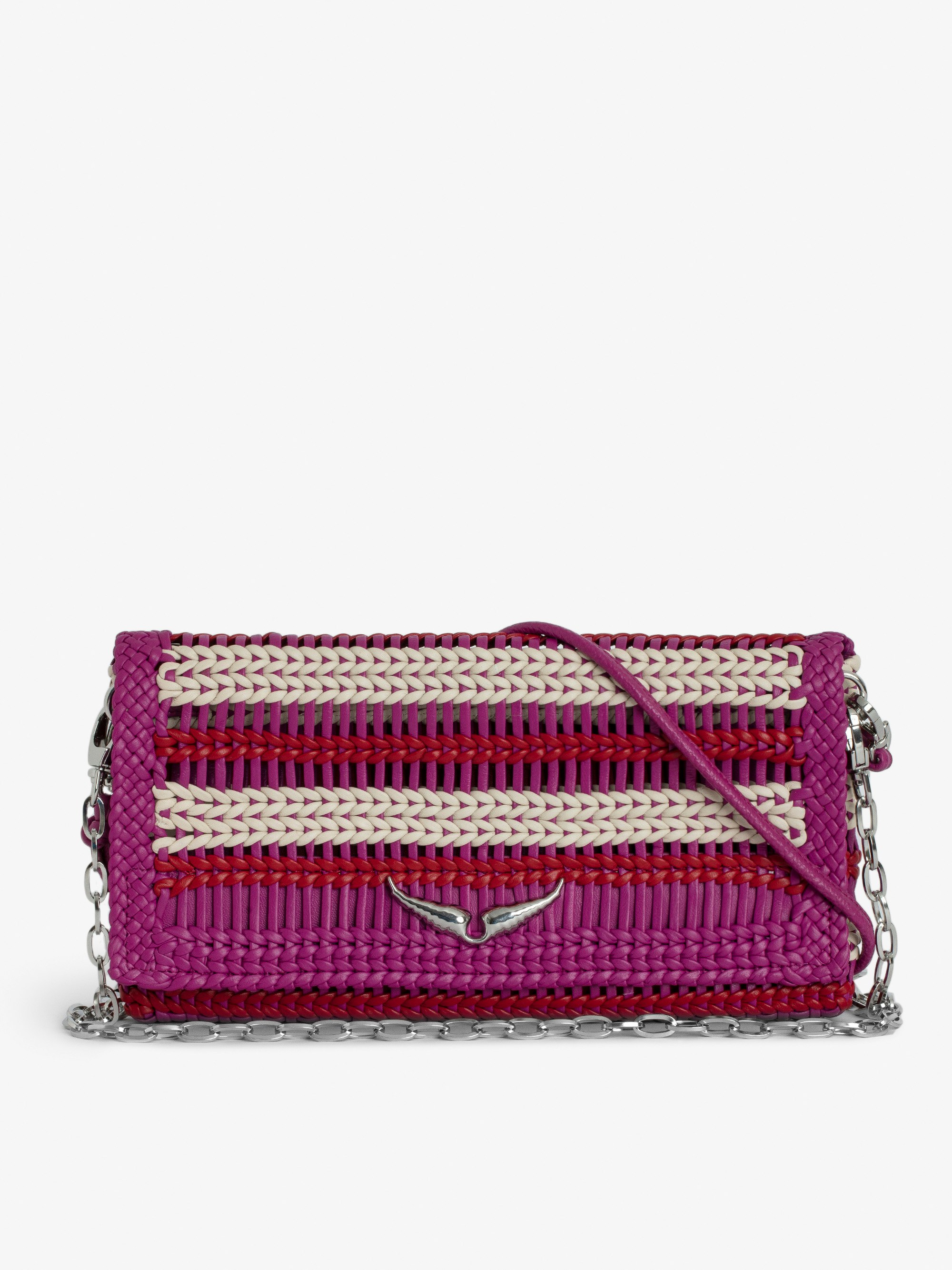 Rock Eternal Clutch - Women’s fuchsia braided leather clutch with tied shoulder strap, chain and wings.