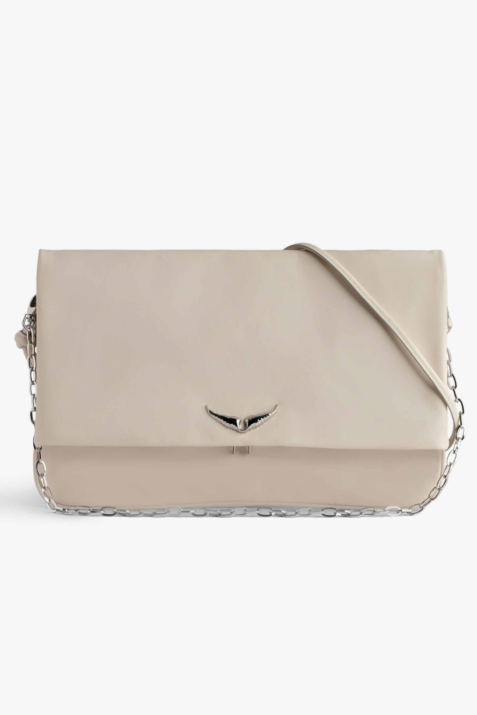 Rock Eternal XL Clutch - Rock ecru smooth leather clutch with double leather and metal chain strap.