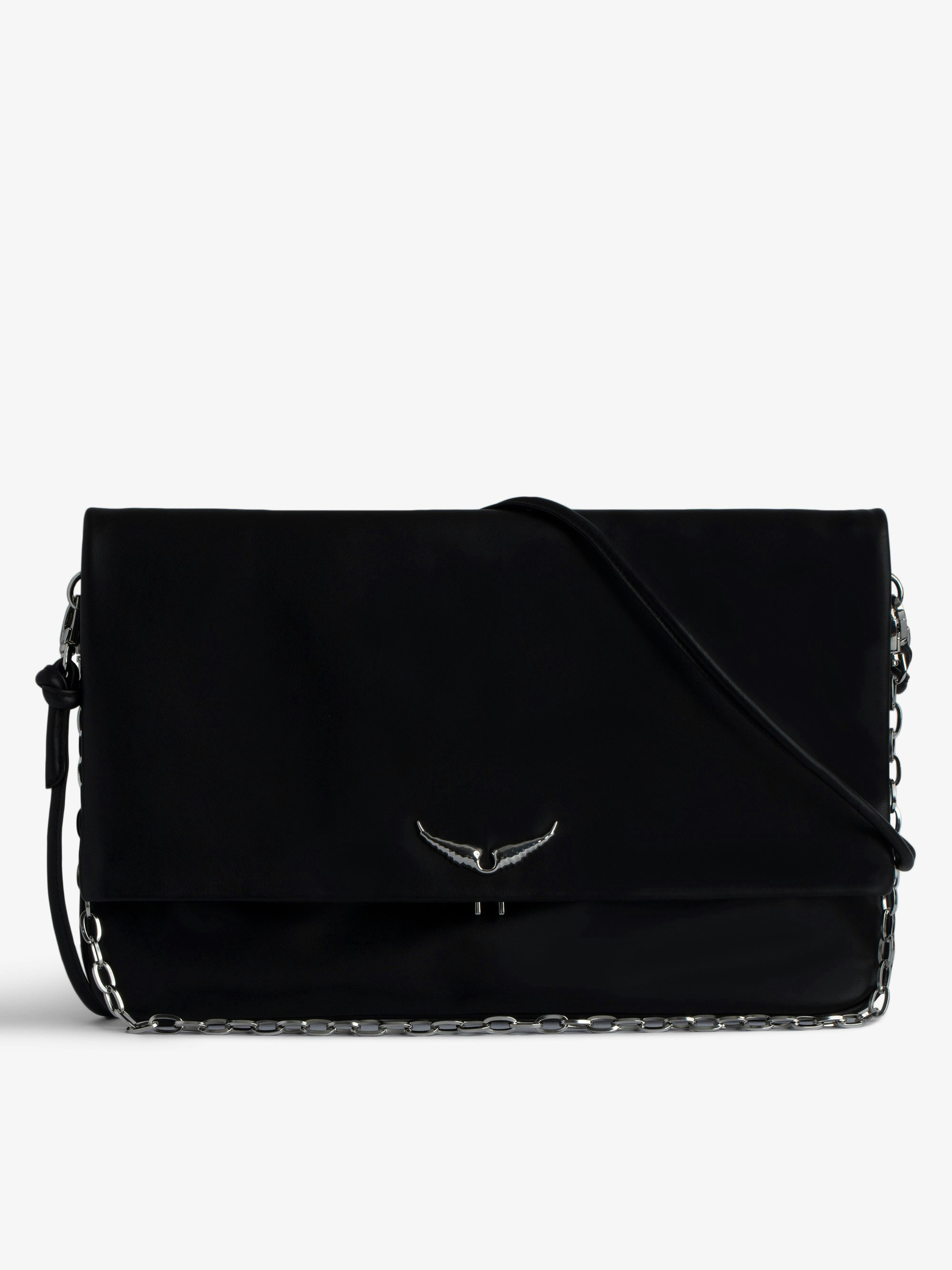 Rock Eternal XL Clutch - Rock XL black smooth leather clutch bag with double leather and metal chain strap.