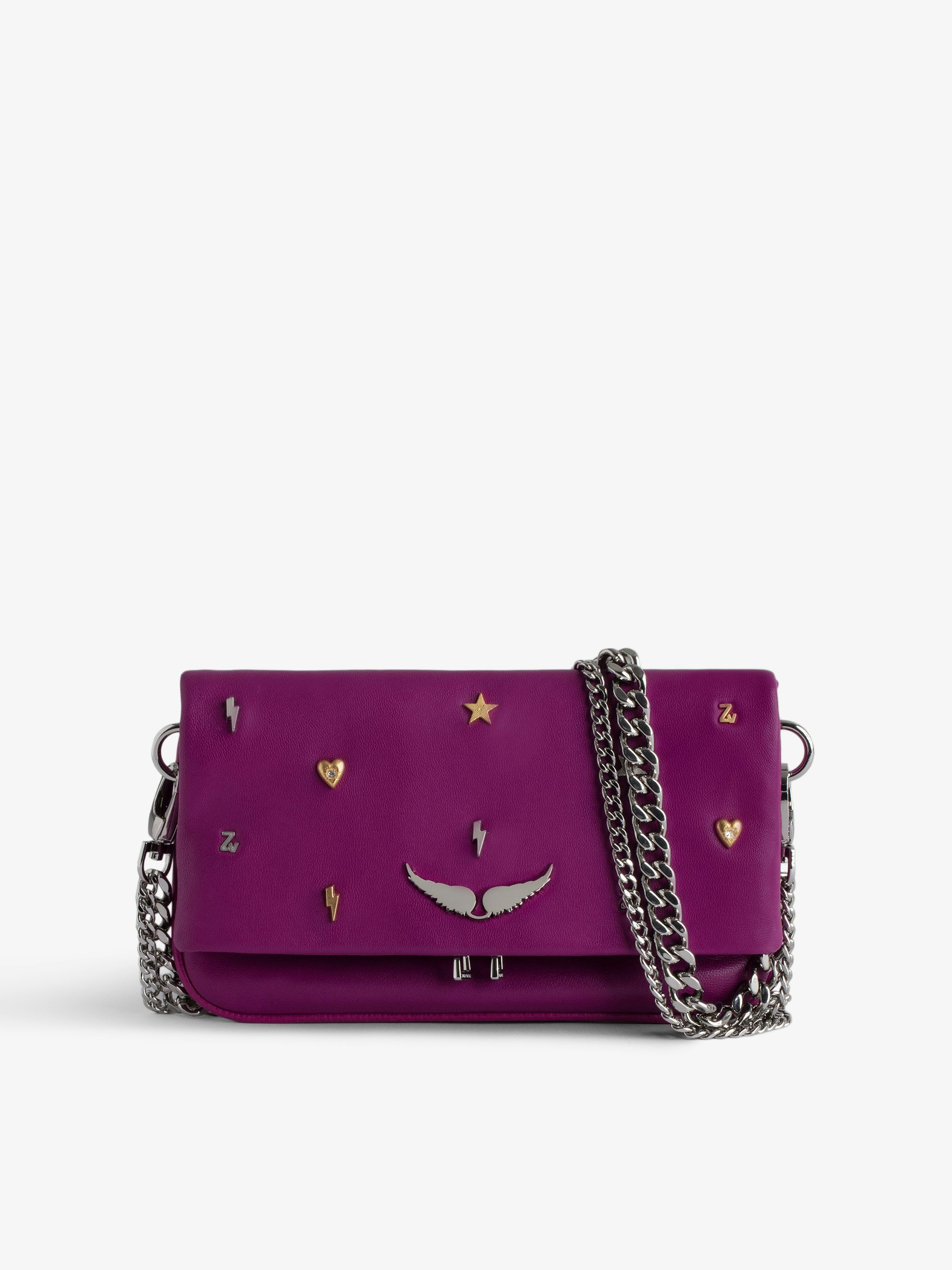 Rock Nano Lucky Charms Clutch - Women’s small purple grained leather clutch with chain straps, charms, and wings.