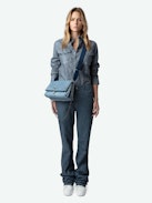 Rocky Denim Glitter Quilted Bag - Glitter quilted denim bag with shoulder strap, chain and wings.