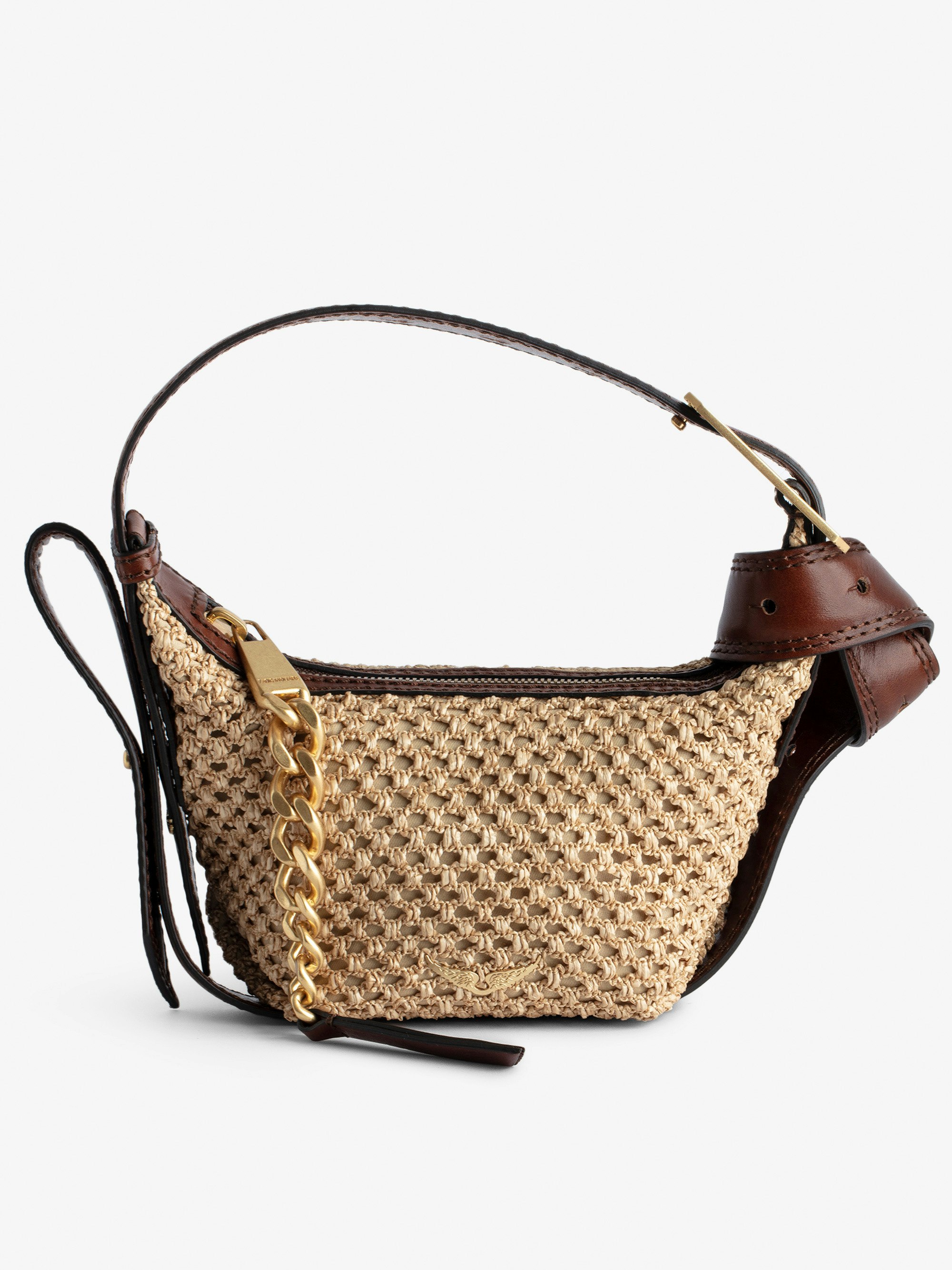 Handtasche Le Cecilia XS - Kleine, beigefarbene Handtasche im Korbstil mit Schulterriemen aus Leder und „C“-förmiger Metallschnalle.