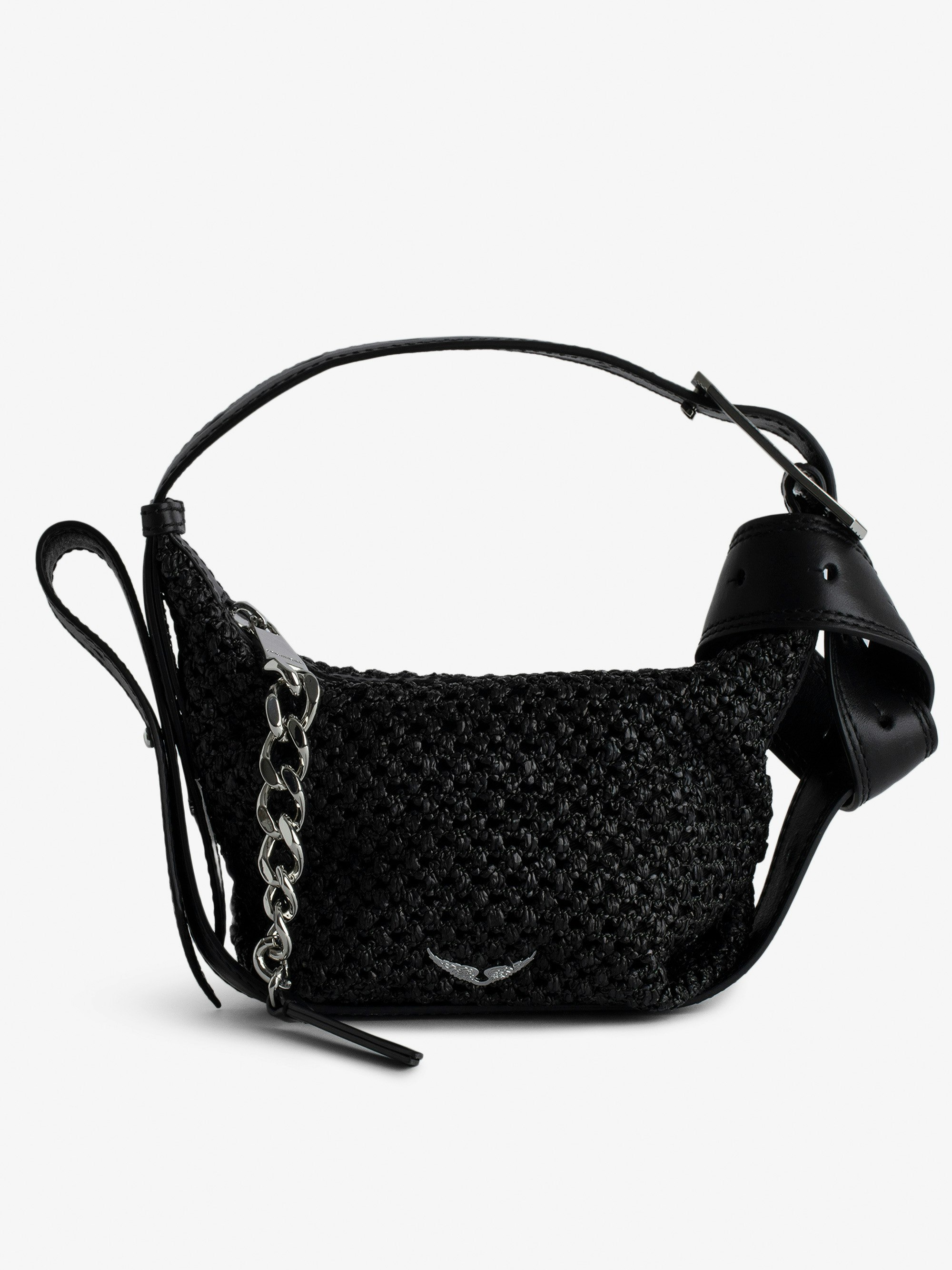 Handtasche Le Cecilia XS - Kleine, schwarze Handtasche im Korbstil mit Schulterriemen aus Leder und „C“-förmiger Metallschnalle.