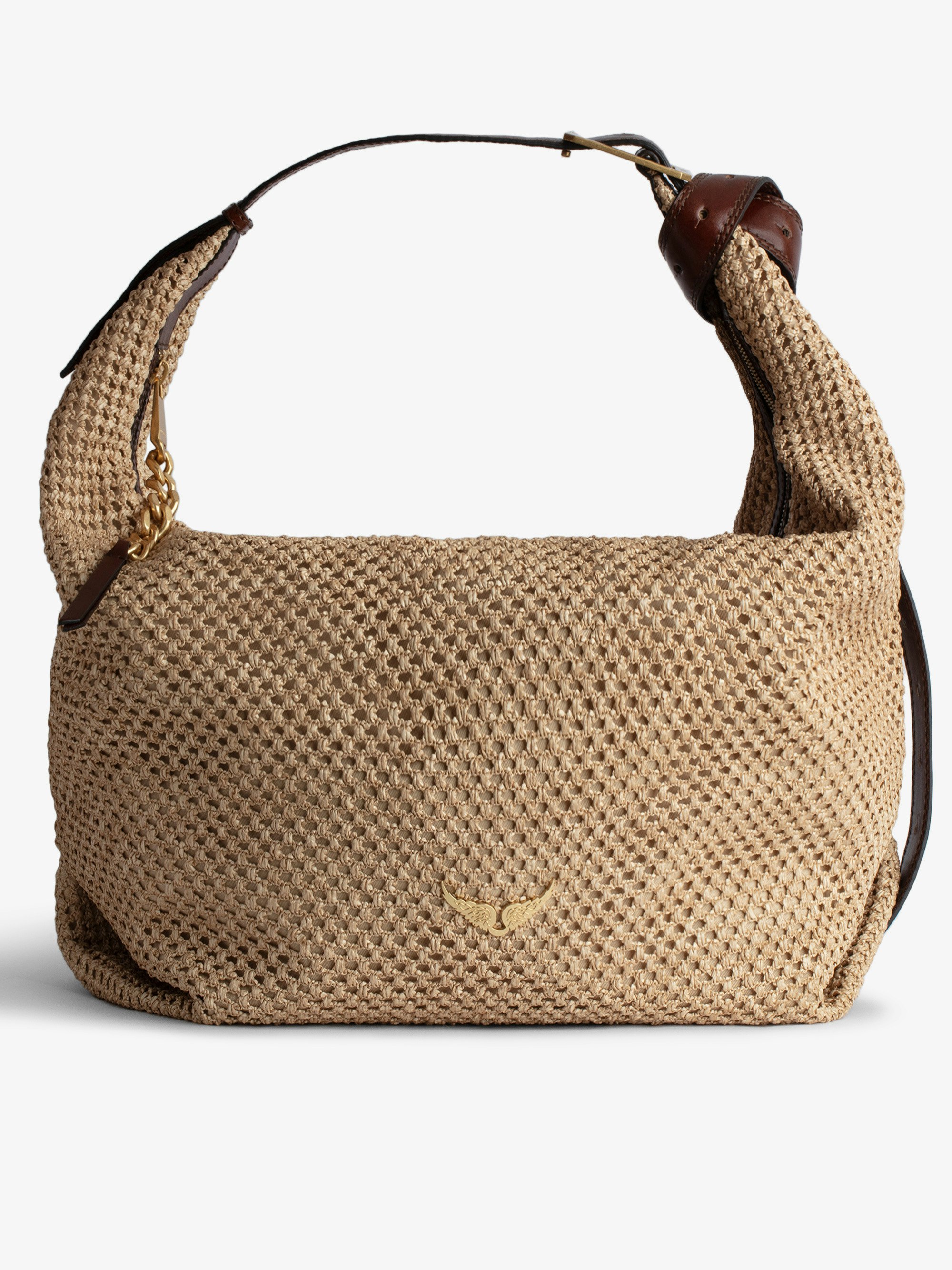 Le Cecilia XL - Grande borsa effetto cestino beige con tracolla in pelle e fibbia metallica a C.