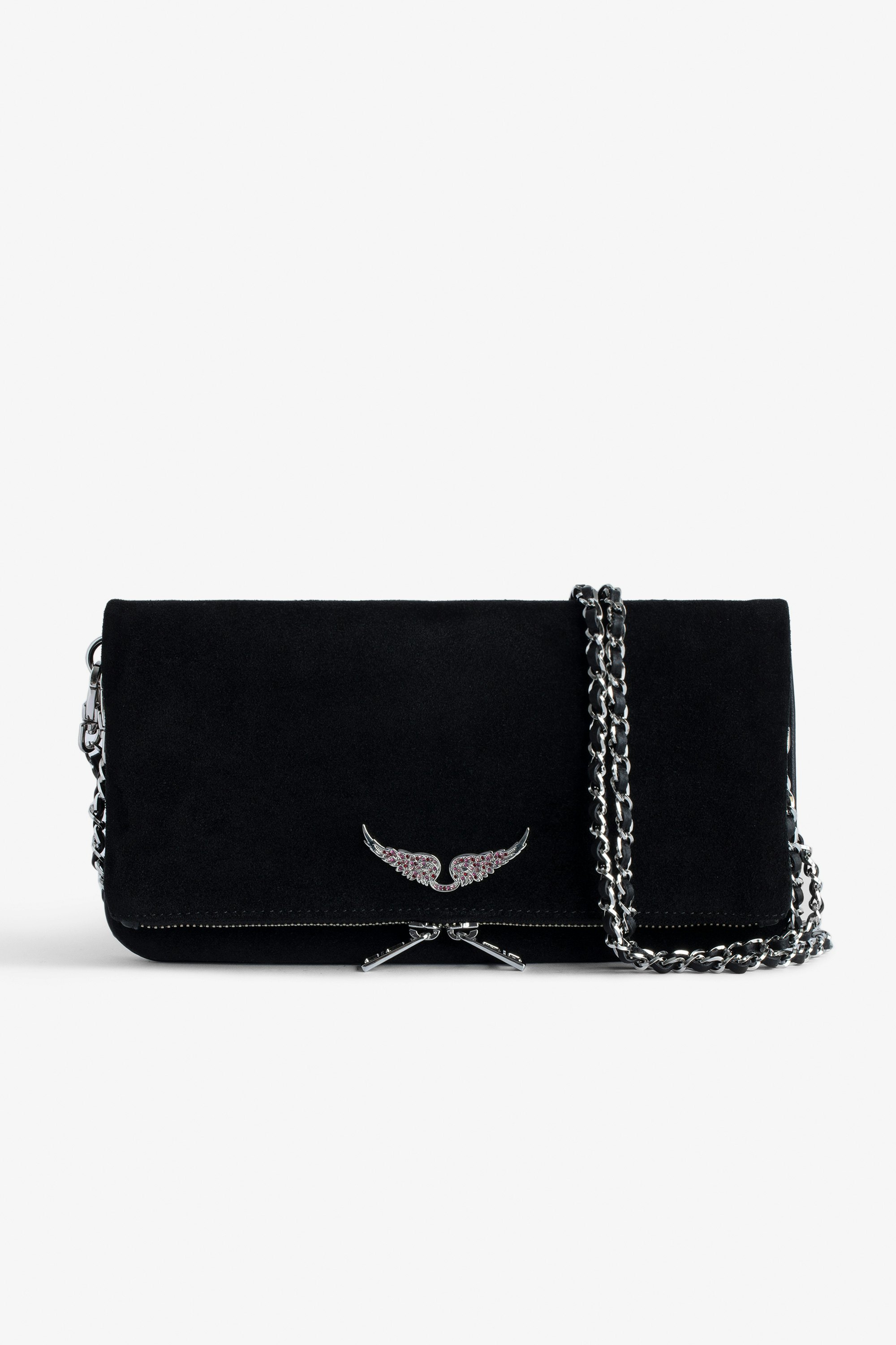 Rock Suede Clutch - Rock black suede clutch bag with double leather and metal chain strap.