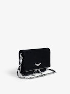 Rock Nano Suede Clutch - Small Rock Nano black suede clutch with double leather and metal chain strap.