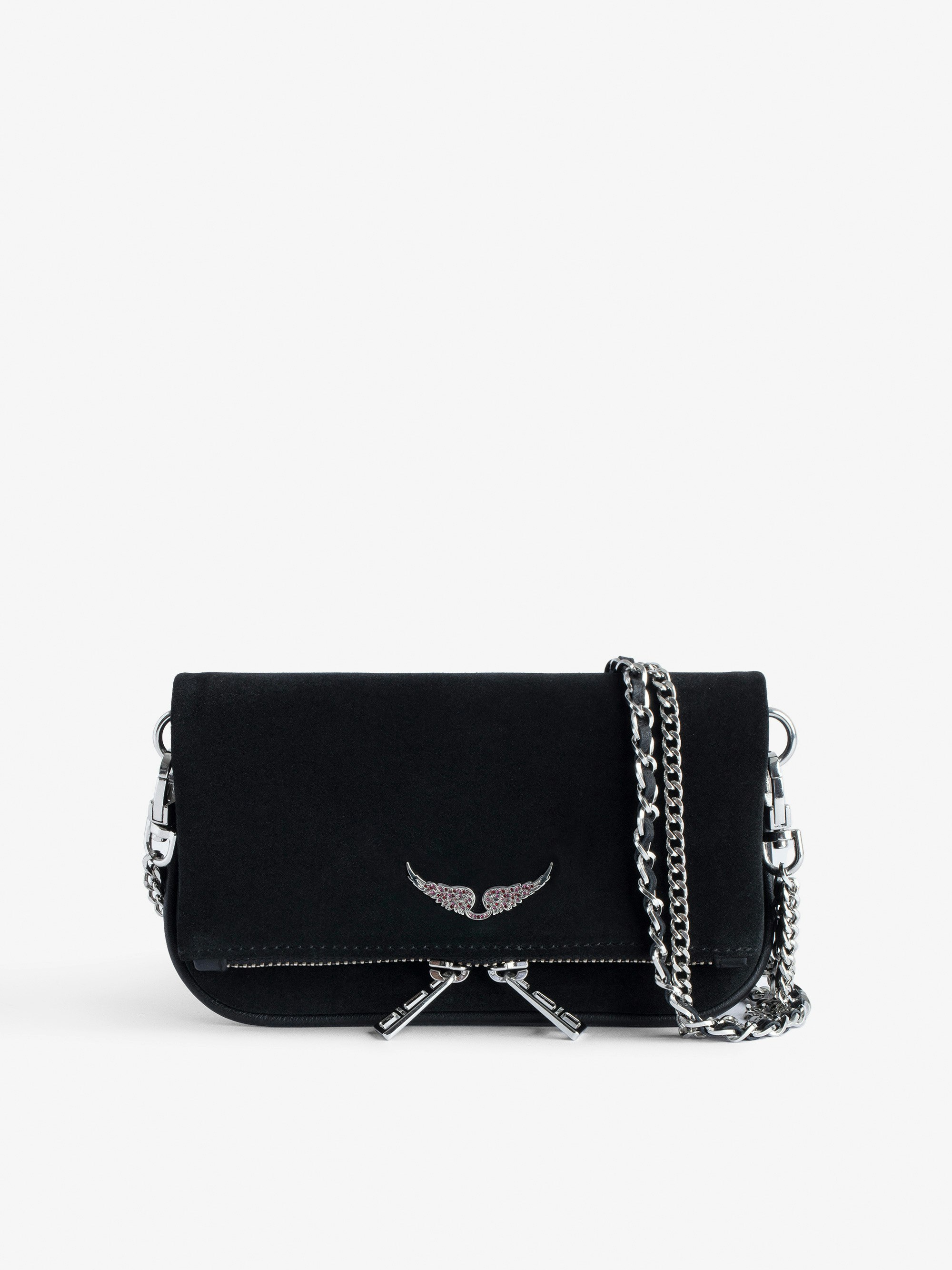 Rock Nano Suede Clutch - Small Rock Nano black suede clutch with double leather and metal chain strap.