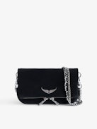 Rock Nano Suede Clutch - Small Rock Nano black suede clutch with double leather and metal chain strap.