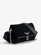 Rocky Suede Bag - Rocky black suede bag with leather shoulder strap and metal chain.