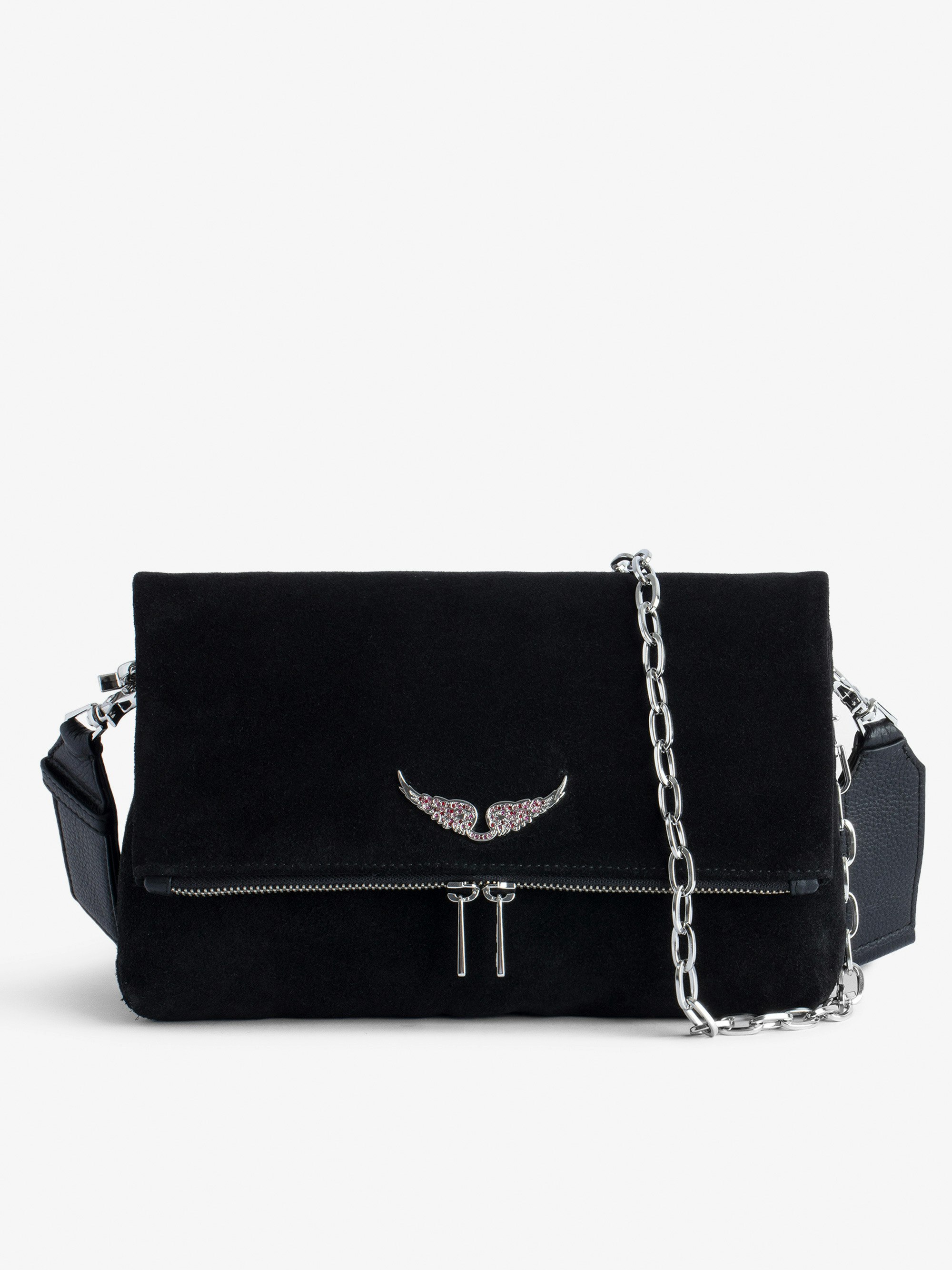Tasche Rocky Veloursleder - Handtasche Rocky aus schwarzem Veloursleder mit Schulterriemen aus Leder und Metallkette.