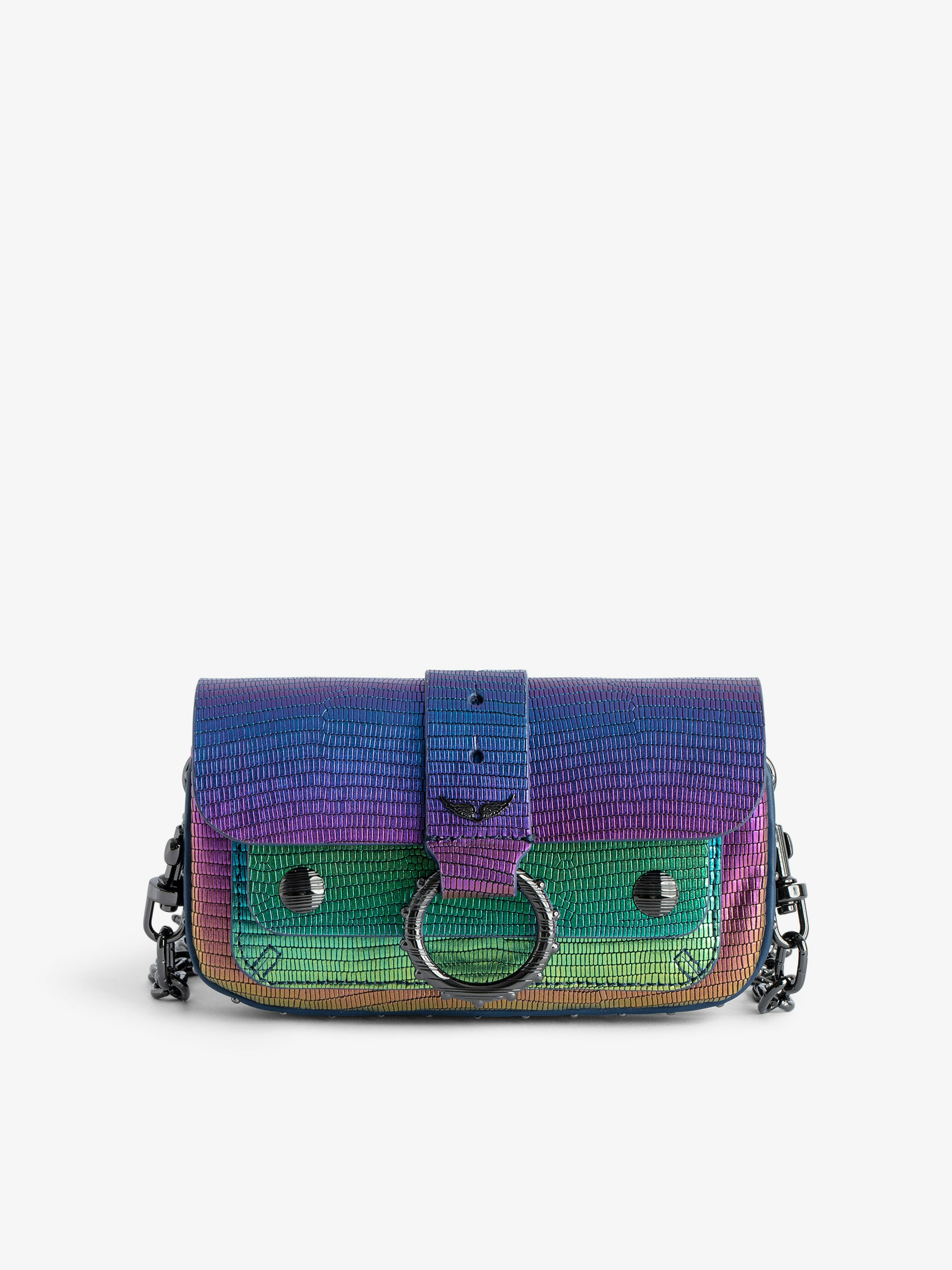 Kate Wallet Embossed Metallic Bag - Women’s rainbow iguana-embossed metallic leather mini bag with metal chain and leather loop.