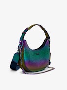 Moonrock Metallic Embossed Bag - Rainbow iguana-embossed metallic leather half-moon bag with handle, shoulder strap, chain and wings charm.