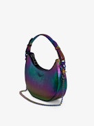 Moonrock Metallic Embossed Bag - Rainbow iguana-embossed metallic leather half-moon bag with handle, shoulder strap, chain and wings charm.