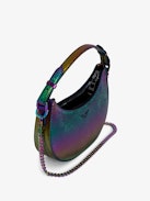 Moonrock Metallic Embossed Bag - Rainbow iguana-embossed metallic leather half-moon bag with handle, shoulder strap, chain and wings charm.